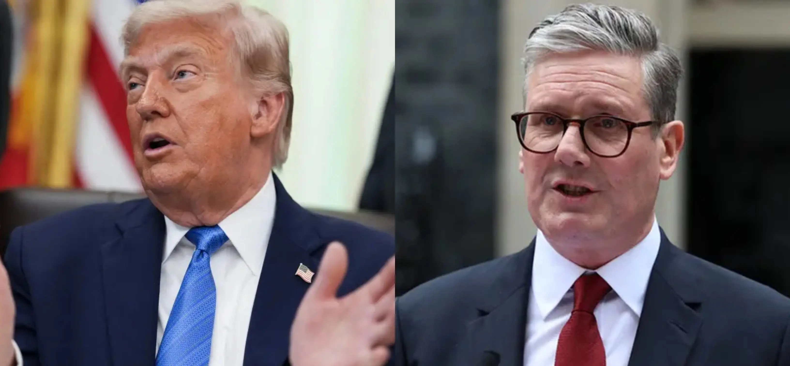 Colagem de fotos com Trump e Starmer lado a lado.