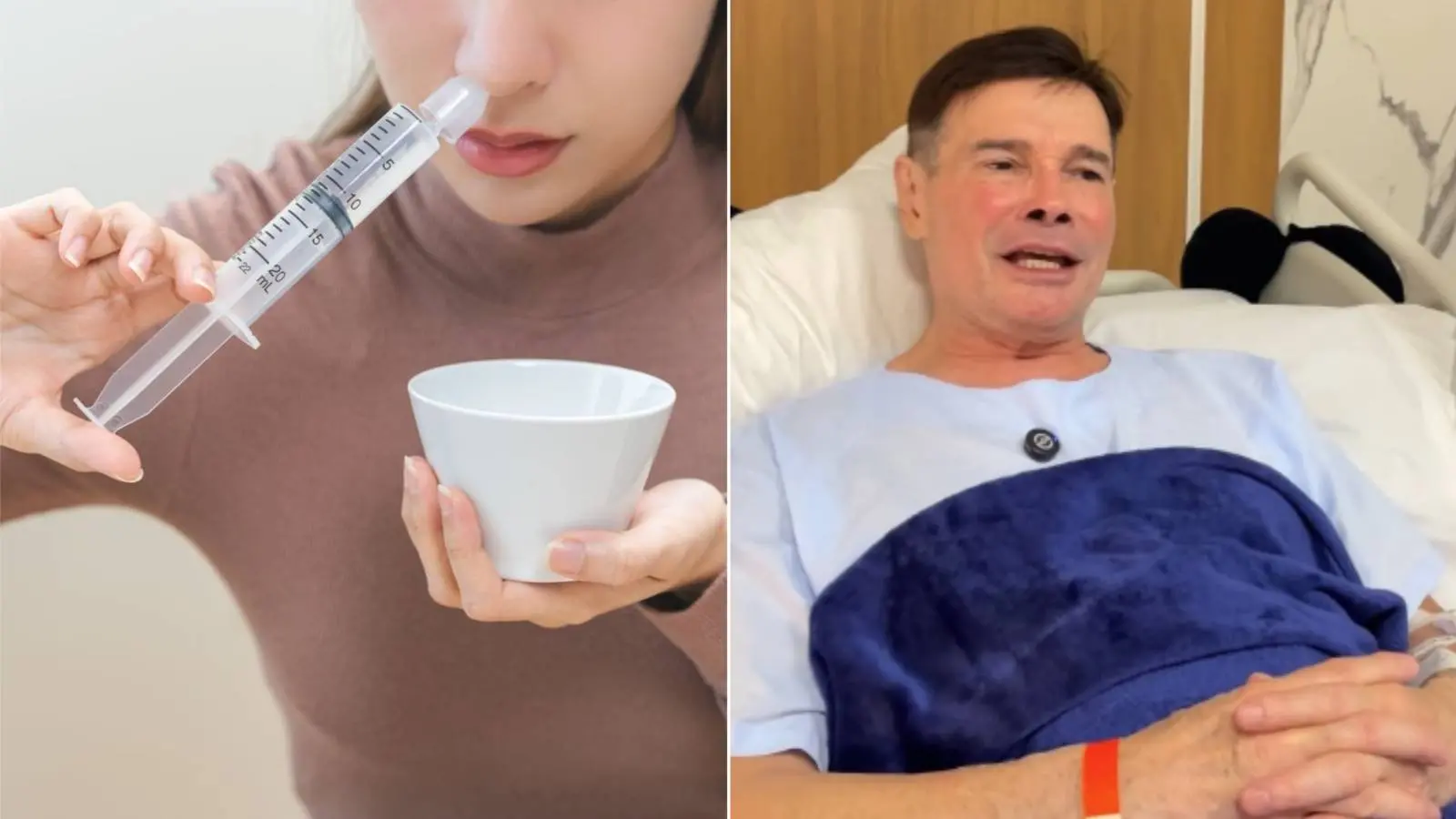 Montagem com duas imagens sobre saúde nasal. À esquerda, detalhe de uma pessoa segurando uma seringa com bico aplicador inserida na narina e uma xícara, demonstrando o procedimento de lavagem nasal. À direita, o apresentador João Inácio Júnior deitado em um leito de hospital, ilustra o caso de infecção grave decorrente de sinusite combinada com lavagens nasais inadequadas.