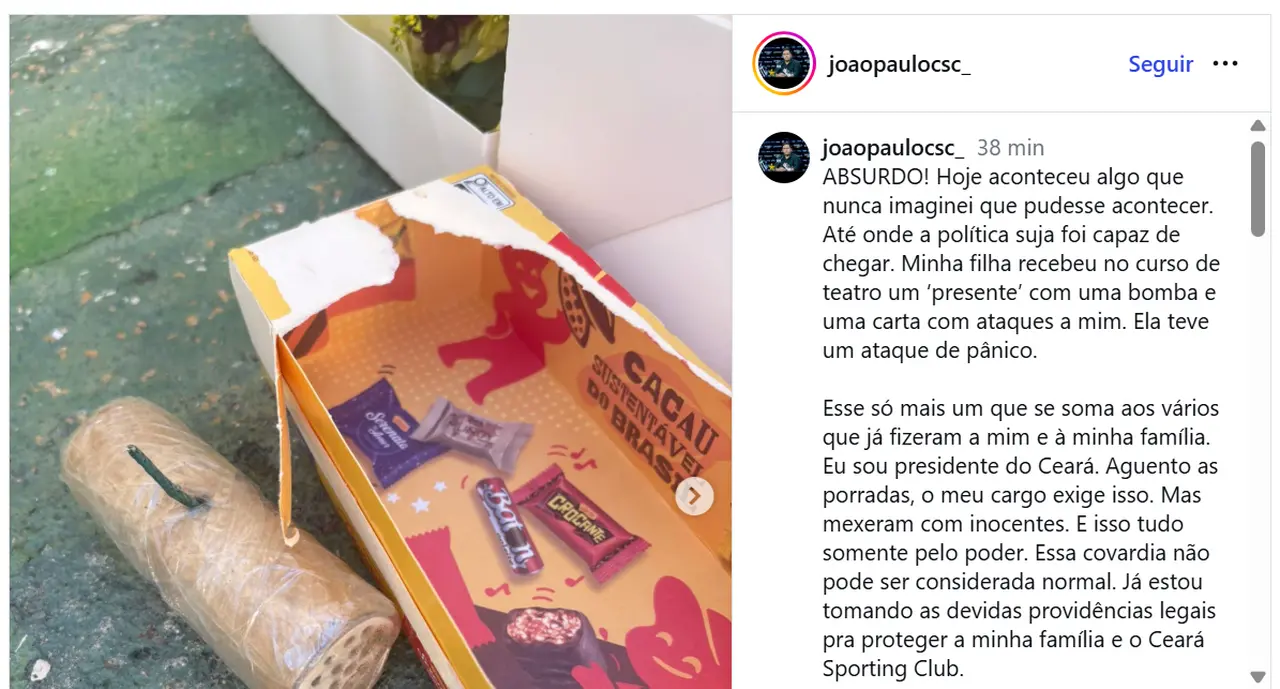 Imagem da notícia Presidente do Ceará denuncia ataque à filha, que recebeu uma bomba em caixa de chocolate