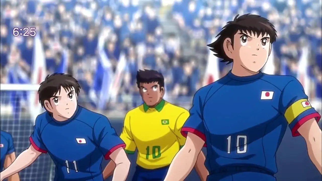 Cena do anime Captain Tsubasa com jogo de Japão x Brasil