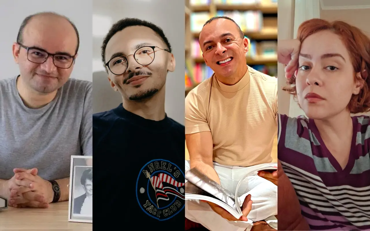 Imagem de escritores cearenses Stênio Garde, Raul Damasceno, Isadora Gurgel e Everton Rocha, para matéria sobre literatura LGBTQIA+ em Fortaleza.
