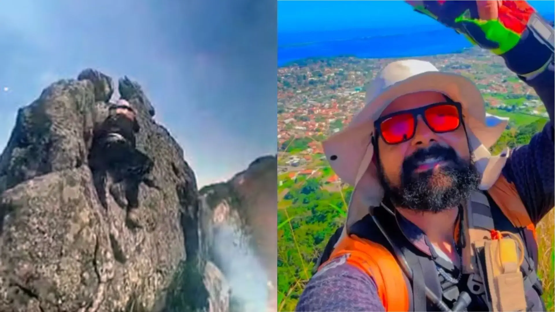 Montagem com duas fotos: à esquerda, uma montanha rochosa com forte vapor e céu nublado; à direita, um aventureiro de capacete branco e óculos refletivos vermelhos, segurando a câmera em um cenário com vista de cidade e vegetação ao fundo.