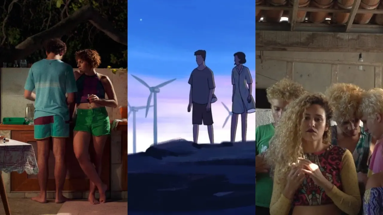 Três cenas cinematográficas dispostas lado a lado retratam um casal conversando à noite em uma área externa, uma animação de silhuetas diante de turbinas eólicas ao crepúsculo, e um grupo de jovens de cabelos claros sob um teto rústico. A composição une diferentes estéticas, narrativas e paletas de cores em um mosaico visual expressivo e cheio de movimento.