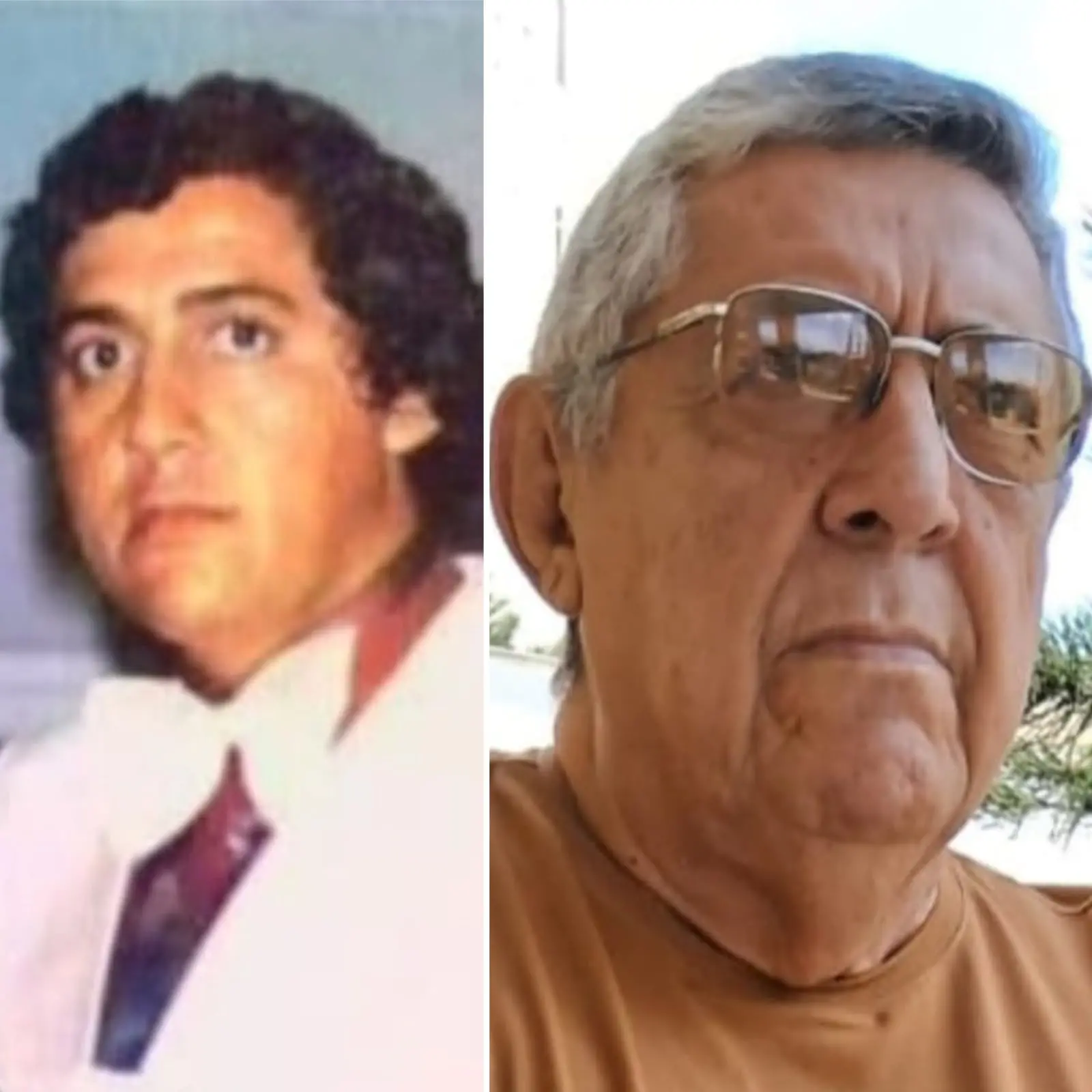 A montagem mostra duas fotos do colunista e comentarista esportivo Wilton Bezerra. Na foto da esquerda, Wilton está jovem, com cabelos cacheados longos e e pretos, com a pele rejuvenescida e sem óculos.
