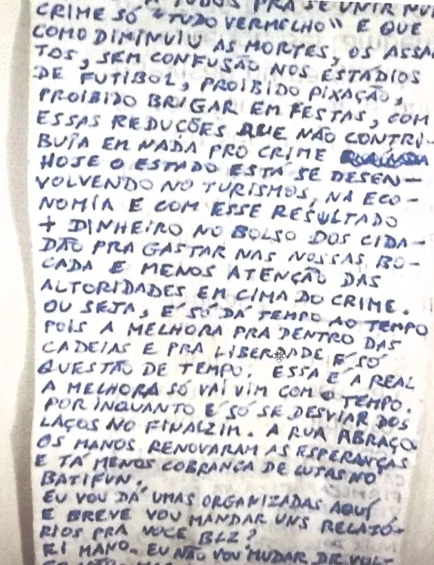 Bilhete (conhecido entre os presos como 'catatau') apreendido em penitenciária de Itaitinga, na região metropolitana de Fortaleza, dias antes da deflagração da operação 