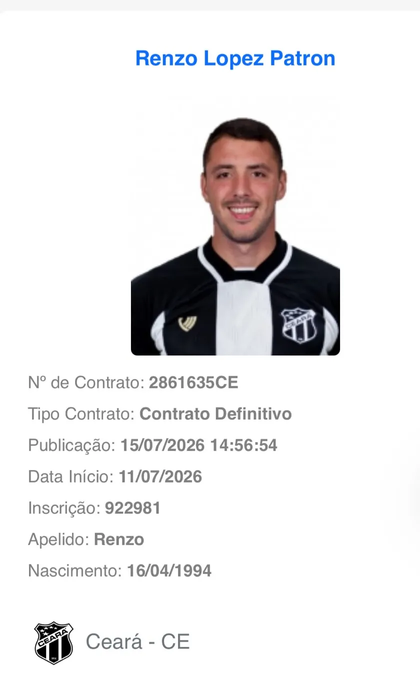 Renzo foi regularizado e pode estrear pelo Ceará