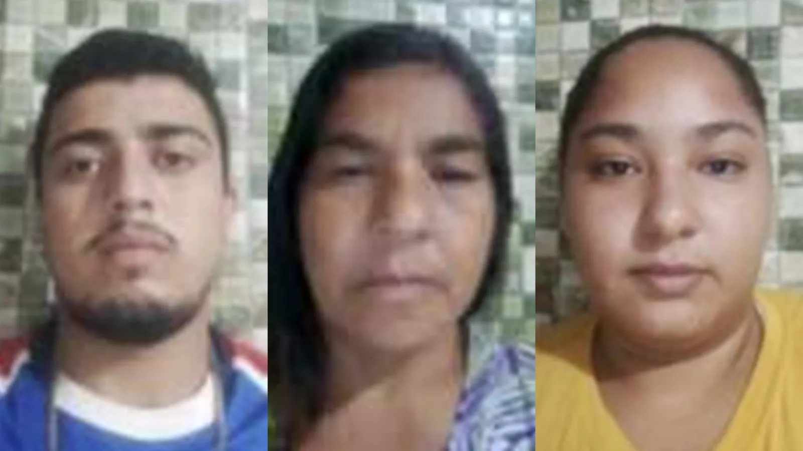 Bruno, sua mãe e sua cunhada em fotografias com o mesmo fundo utilizadas para abertura de contas fraudulentas.