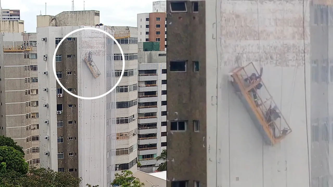 Trabalhadores ficaram pendurados em plataforma de prédio no bairro Aldeota.