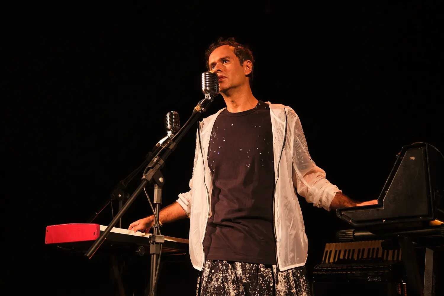 Na foto, Jeneci está ao centro da foto tocando, de cada lado, um instrumento. De um lado, uma sanfona, de outra, sintetizadores.