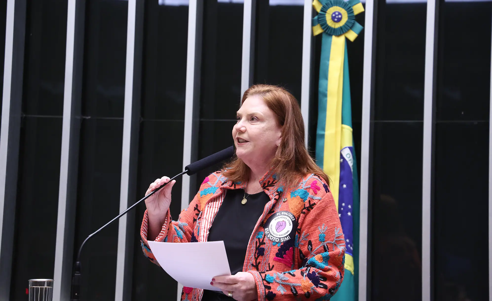 Mulher de cabelos ruivos discursando na tribuna da Câmara dos Deputados, segurando uma folha de papel diante de um microfone. Ela veste uma jaqueta colorida e usa um adesivo com a mensagem “Mulheres na política” e “Voto sim!” no peito. Ao fundo, aparecem a bandeira do Brasil e o plenário da Câmara.
