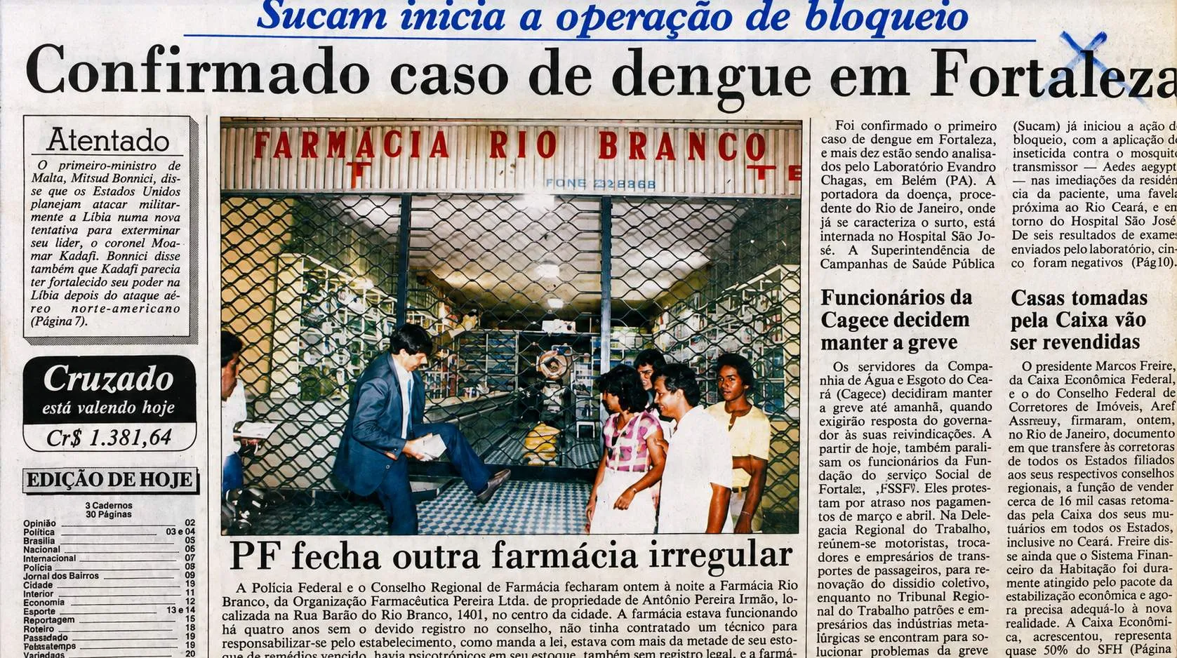 Capa do Diário do Nordeste de 14 de maio de 1986 com notícia sobre o primeiro caso de dengue confirmado em Fortaleza. Dias depois o caso foi alterado para 'forte suspeita'.