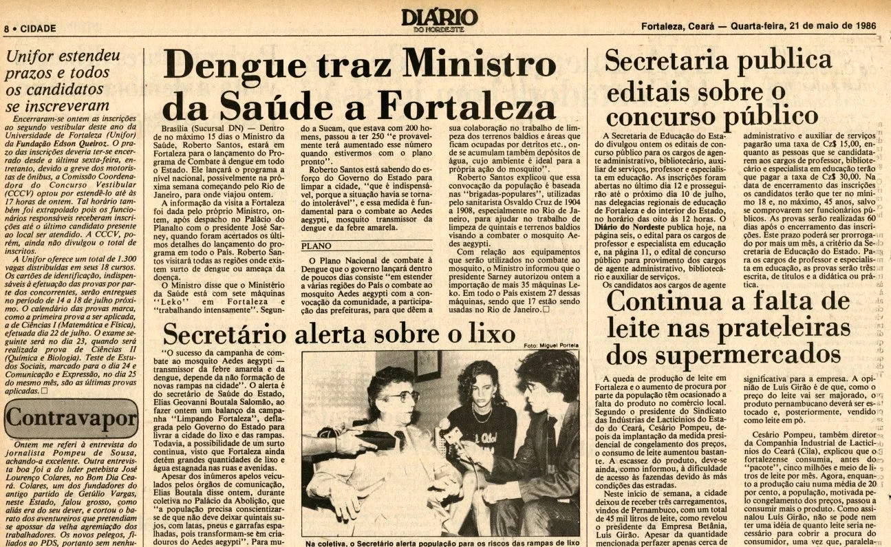 Matéria sobre vinda de Ministro da saúde da época em Fortaleza (CE), veiculada em 21 de maio de 1986.