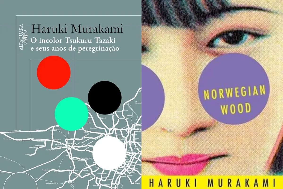 Imagem dos livros O incolor Tsukuru Tazaki e Norwegian Wood, para matéria sobre o escritor Haruki Murakami.