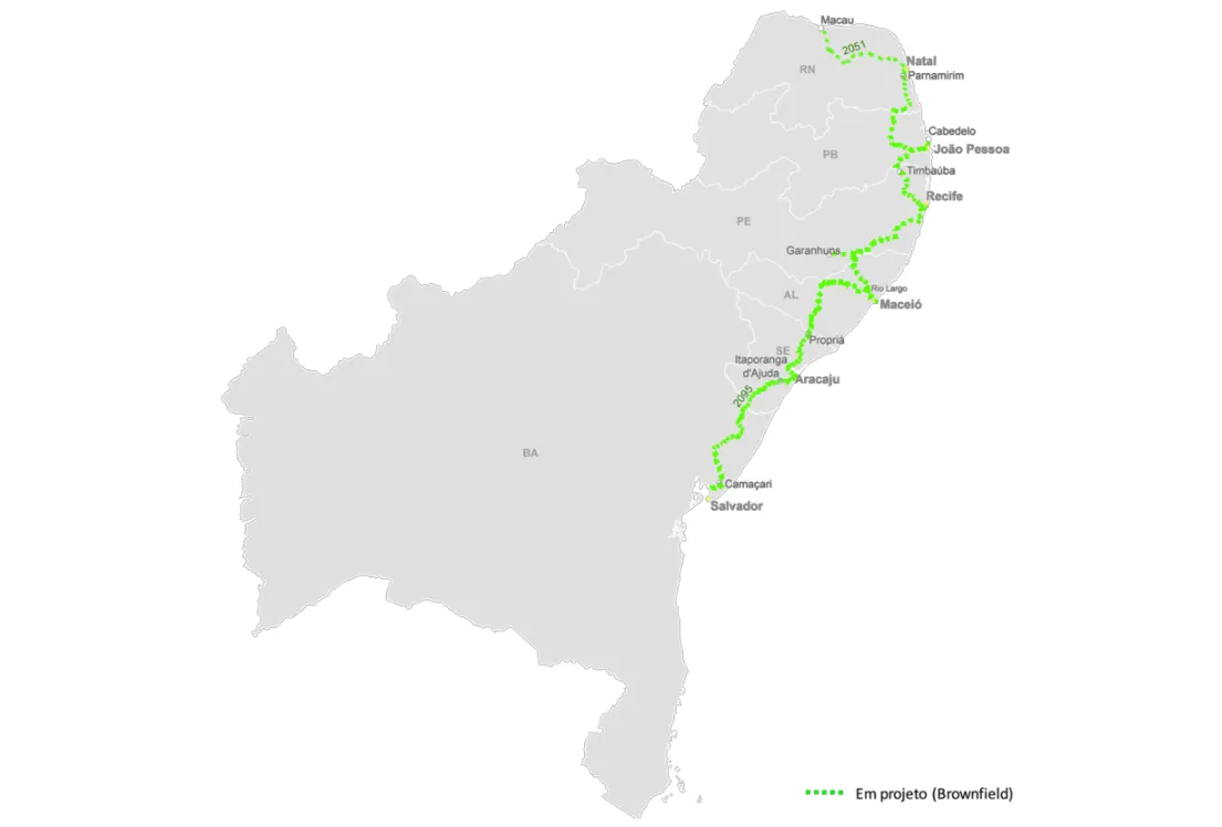'Transnordestina turística' prevê interligação ferroviária entre Macau, no interior do Rio Grande do Norte, e Salvador. Projeto não contempla a porção oeste do Nordeste, que englobam os estados de Ceará, Piauí e Maranhão.