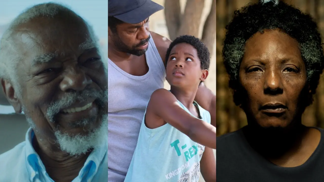 Composição dividida em três quadros verticais exibindo retratos expressivos de pessoas negras em diferentes momentos. À esquerda, um idoso sorri docemente de perfil; ao centro, um homem de boné orienta atentamente um menino que olha para cima; à direita, uma mulher de cabelos cacheados olha fixamente para a câmera com uma expressão séria e profunda.