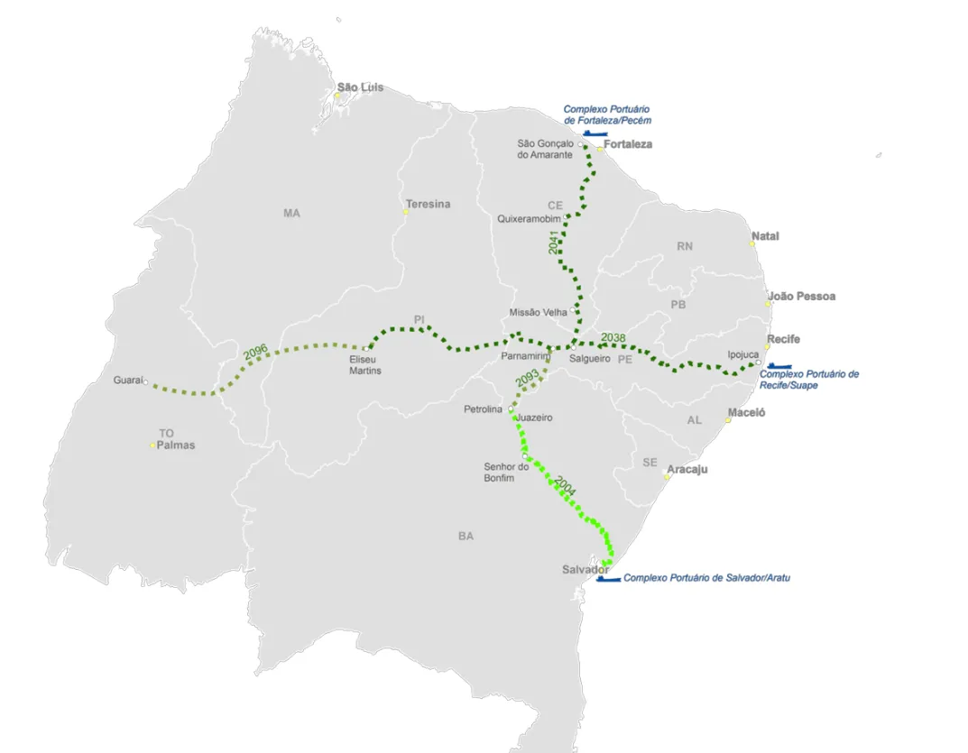 Já conectada a Teresina e São Luís por meio da FTL, Fortaleza ganharia conexões com Recife e Salvador possibilitadas pela extensão da Transnordestina e da FCA.