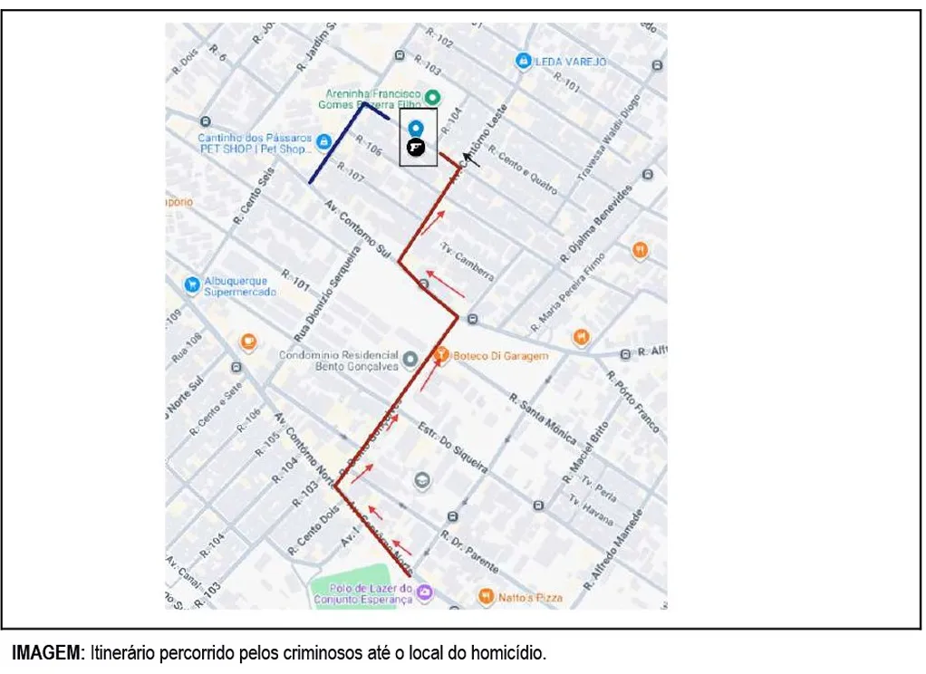 Itinerário percorrido pelos criminosos até o local do homicídio.