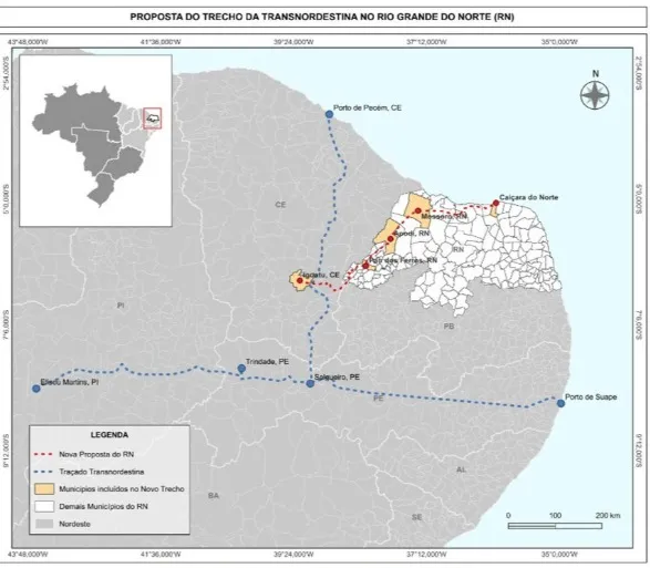 Projeto prevê ramal ferroviário entre a Ferrovia Transnordestina no município de Iguatu, no Centro-Sul do Ceará, e Caiçara do Norte, no interior potiguar. Traçado em análise está na cor vermelha.