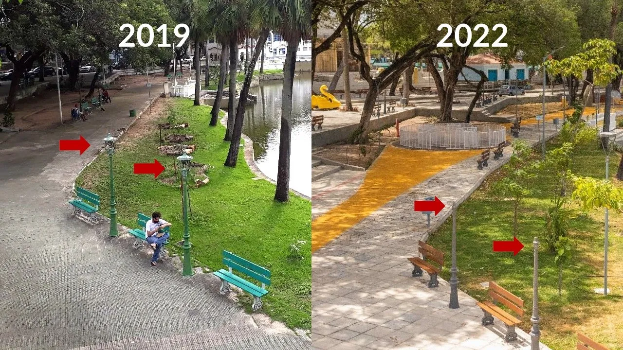 Comparativo da Cidade da Criança, em Fortaleza, mostra postes e luminárias em 2019, à esquerda, e após a requalificação, em 2022, à direita. Setas vermelhas destacam a retirada das antigas luminárias ornamentais.