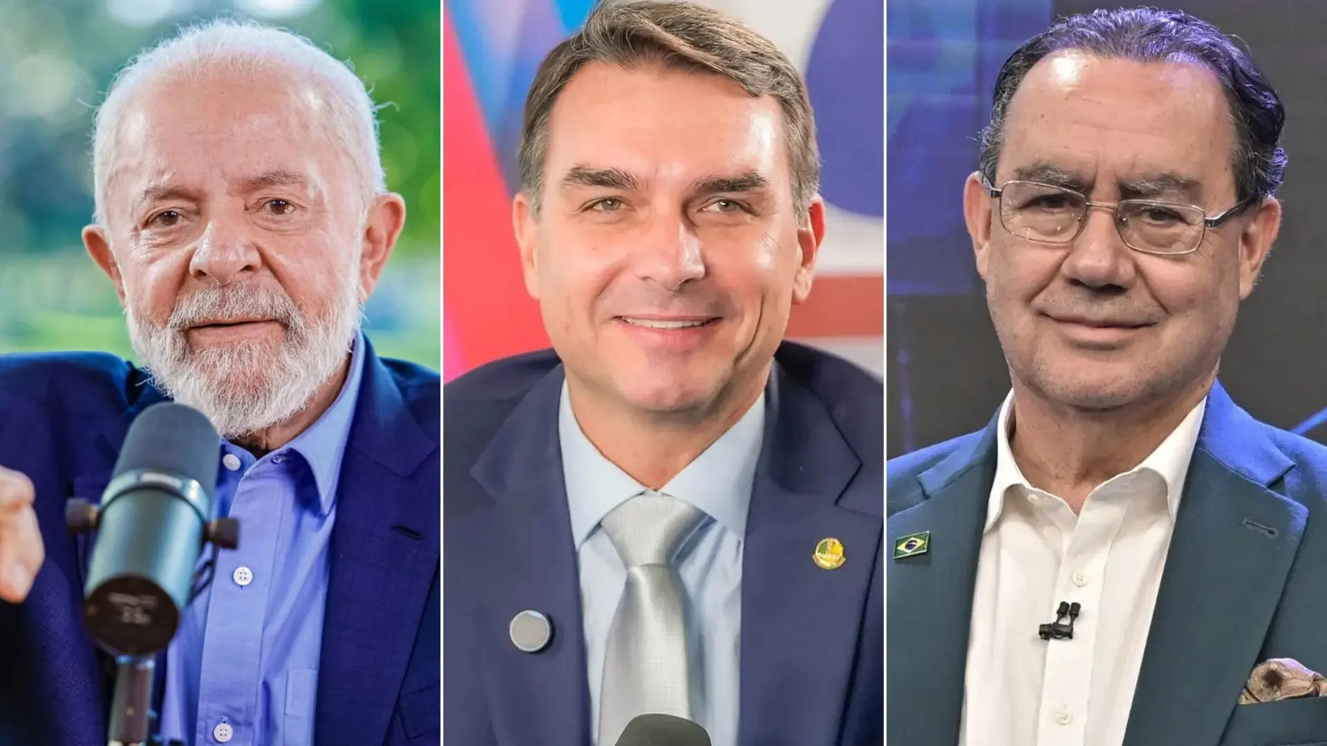 Montagem em três painéis com retratos de Luiz Inácio Lula da Silva, Flávio Bolsonaro e Augusto Cury, posados de terno e camisa social em cenários institucionais ou de estúdio.