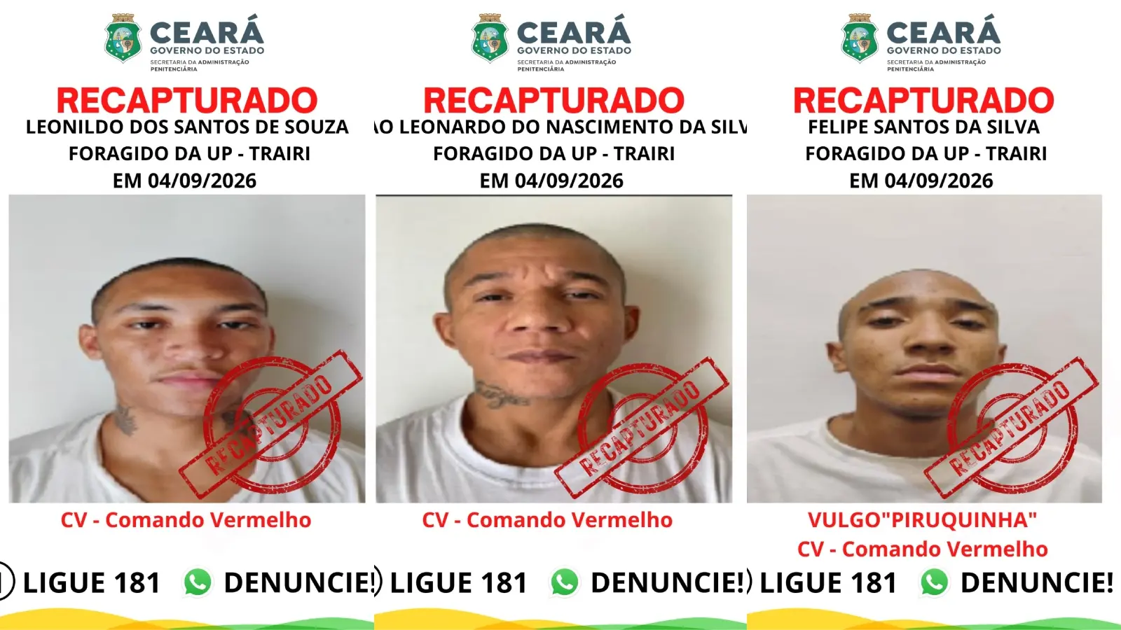 Imagem da notícia Três membros do Comando Vermelho são recapturados após fuga de presídio no Ceará