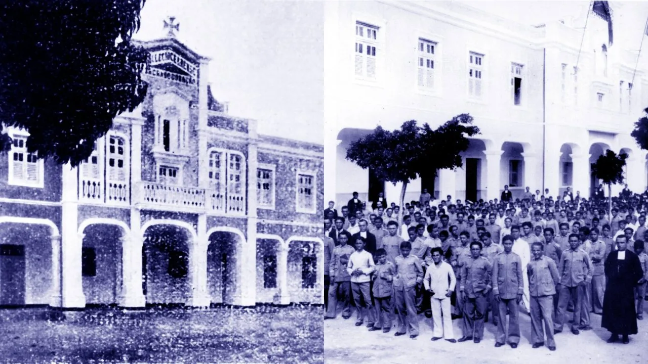 Alunos na entrada do Colégio Cearense Sagrado Coração, como era chamado quando foi fundado em 1913.