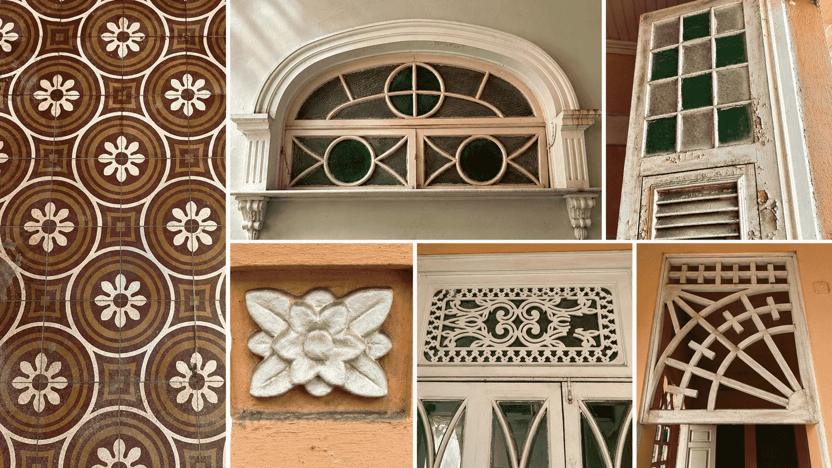 Detalhes arquitetônicos preservados no casarão da Avenida do Imperador, em Fortaleza, revelam elementos decorativos como piso hidráulico, vitrais, esquadrias, gradis, ornamentos florais e trabalhos em madeira.