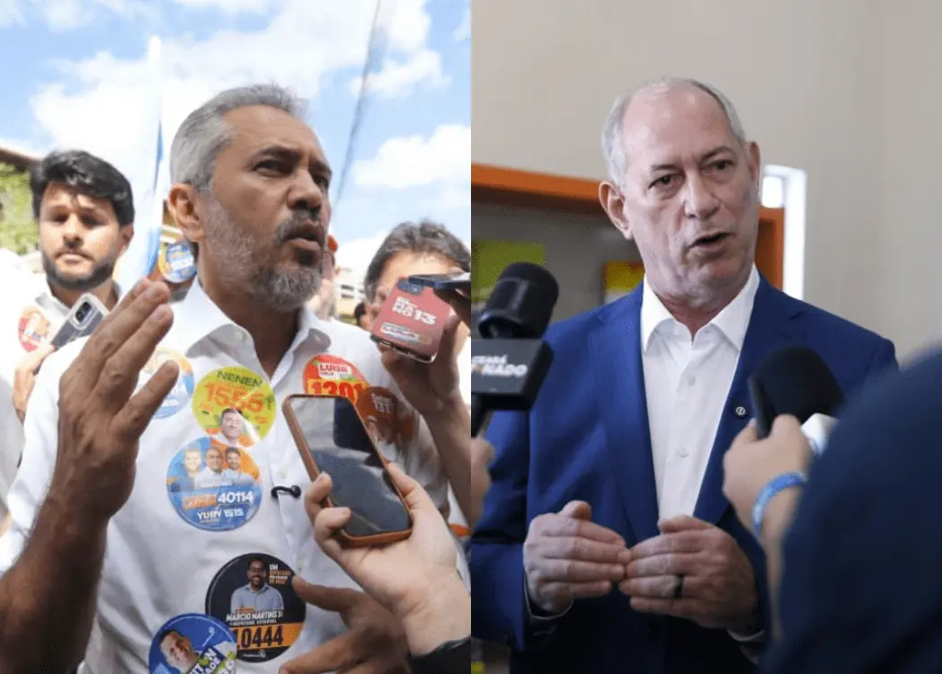 Fotografia dividida em duas metades verticais que mostra duas figuras políticas brasileiras a falar com jornalistas. Na metade esquerda, Elmano de Freitas, um homem de pele morena, cabelo curto grisalho e barba rala, veste uma camisa branca repleta de autocolantes de campanha política com números e rostos. Ele gesticula com a mão direita levantada enquanto fala, rodeado por telemóveis e microfones apontados por jornalistas.

Na metade direita, Ciro Gomes, um homem de cabelo curto grisalho, veste um fato azul-escuro sobre uma camisa branca de colarinho aberto. Ele está a falar com as mãos cruzadas à frente do peito, virado para a esquerda, enquanto segura e é rodeado por vários microfones de imprensa.