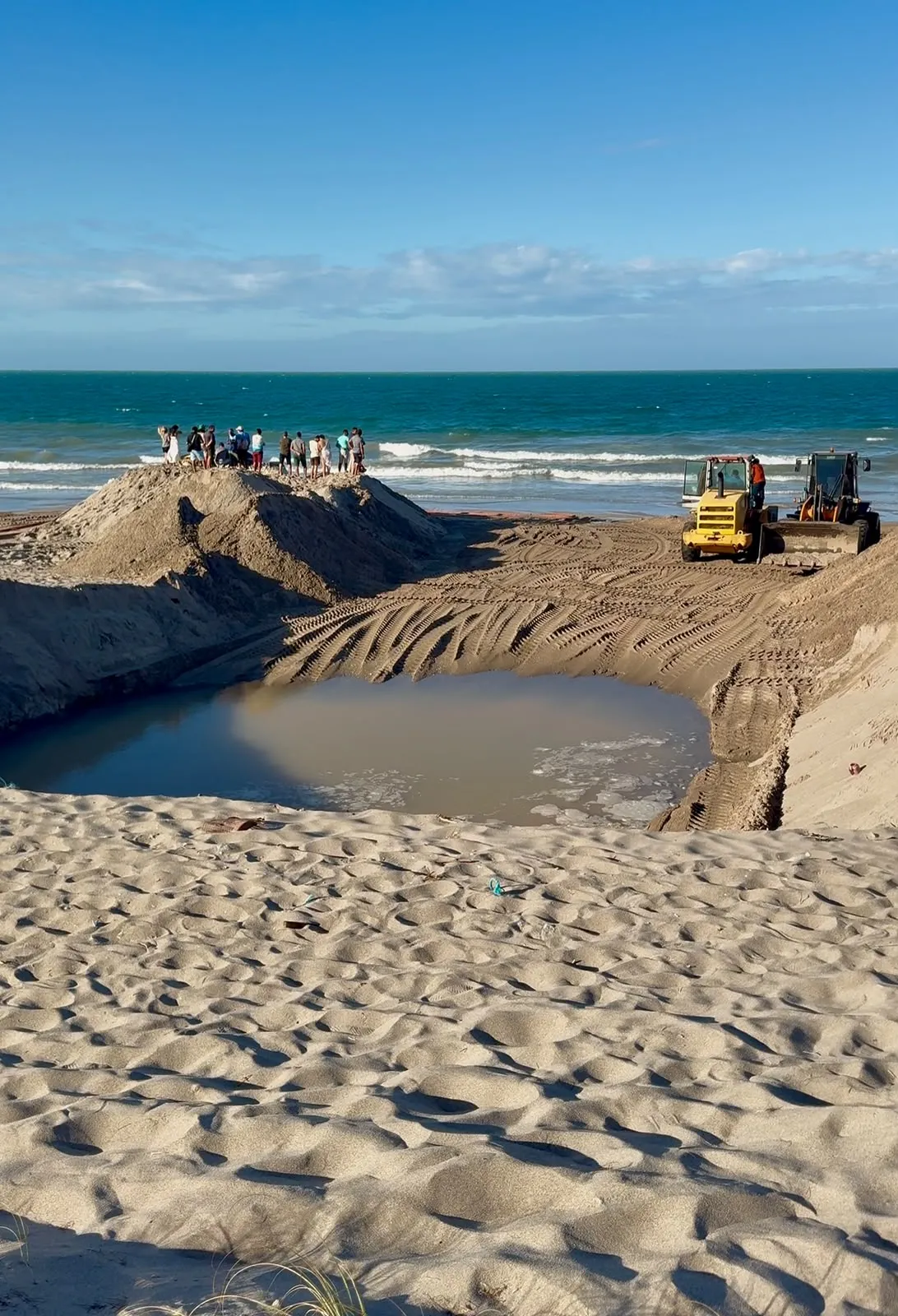 Buraco feito na beira da praia servirá para o enterro da carcaça do animal.