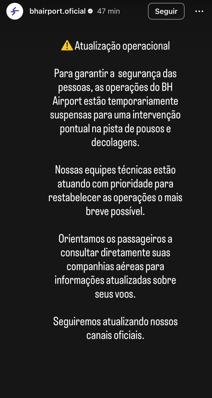 Aeroporto Internacional de Belo Horizonte suspende pousos e decolagens.