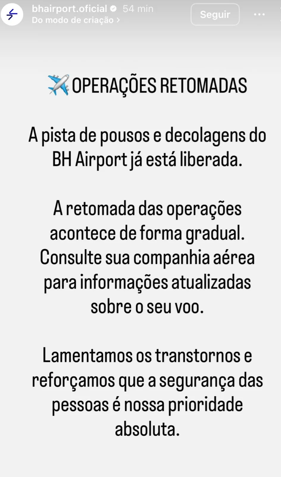 Após sete horas fechado, Aeroporto de Confins reabre pista e retoma operações.