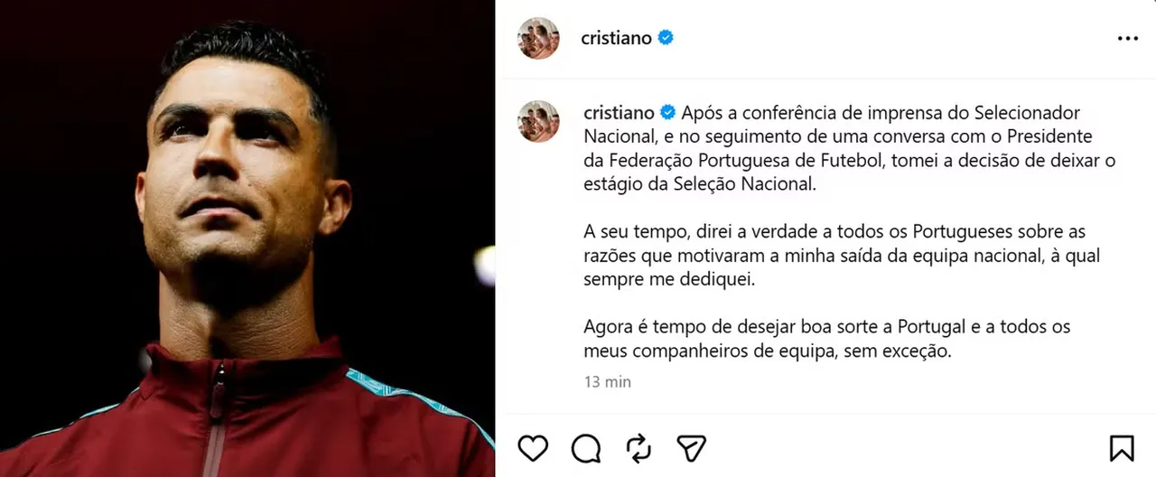 Post de Cristiano Ronaldo após deixar a Seleção de Portugal