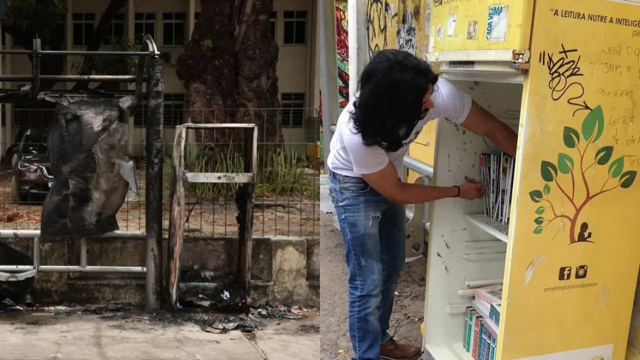 Imagem da notícia Incêndio atinge geladeira usada como biblioteca e cobertura de parada de ônibus no Benfica