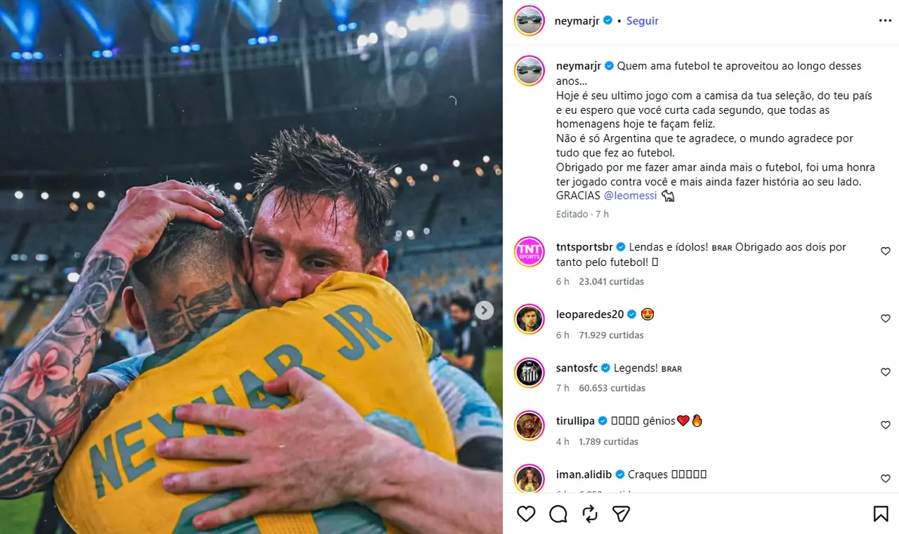 Post de Neymar falando do amigo Messi