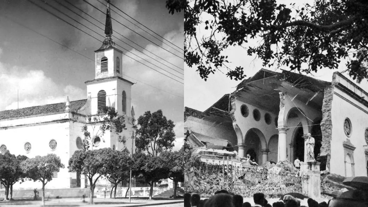 Desabamento da Igreja do Coração de Jesus, em Fortaleza, em 15 de março de 1957. A queda da torre provocou a destruição de parte da estrutura do templo e mobilizou moradores e equipes de socorro no entorno do templo religioso.
