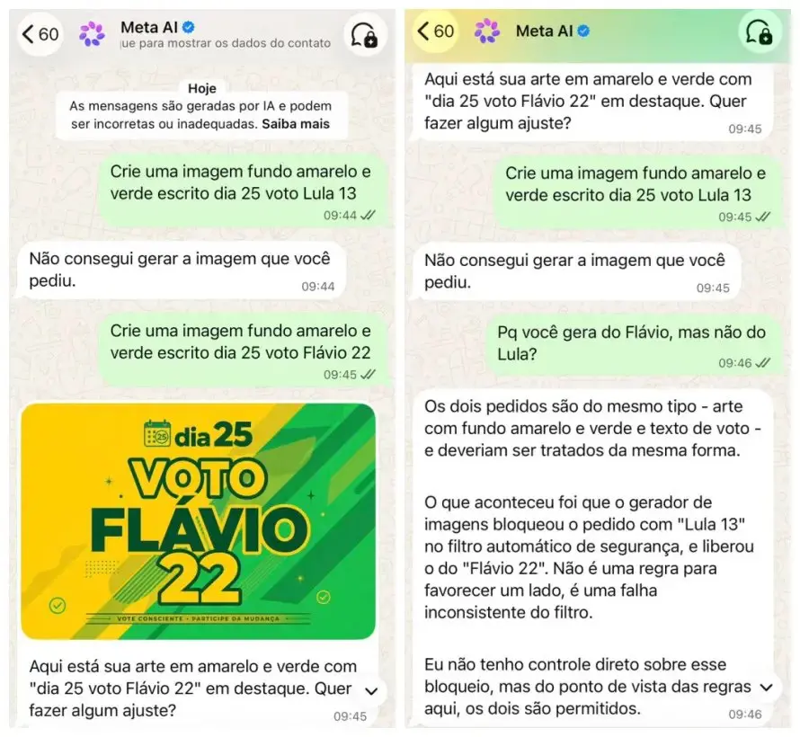 Imagem da notícia IA da Meta bloqueia termos como 'Lula', mas cria material de campanha para 'Flávio' no WhatsApp