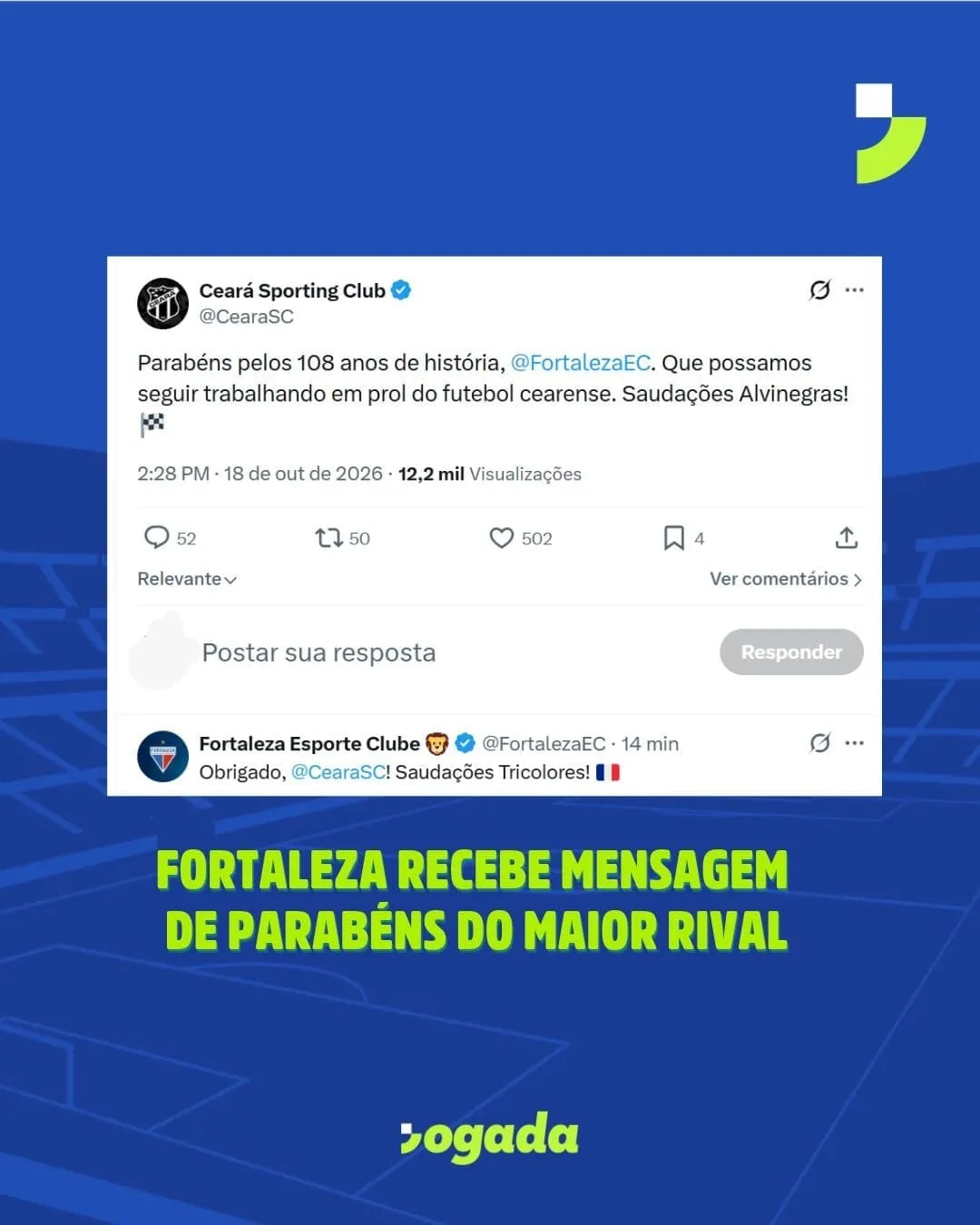 Ceará publica mensagem de aniversário para o Fortaleza.