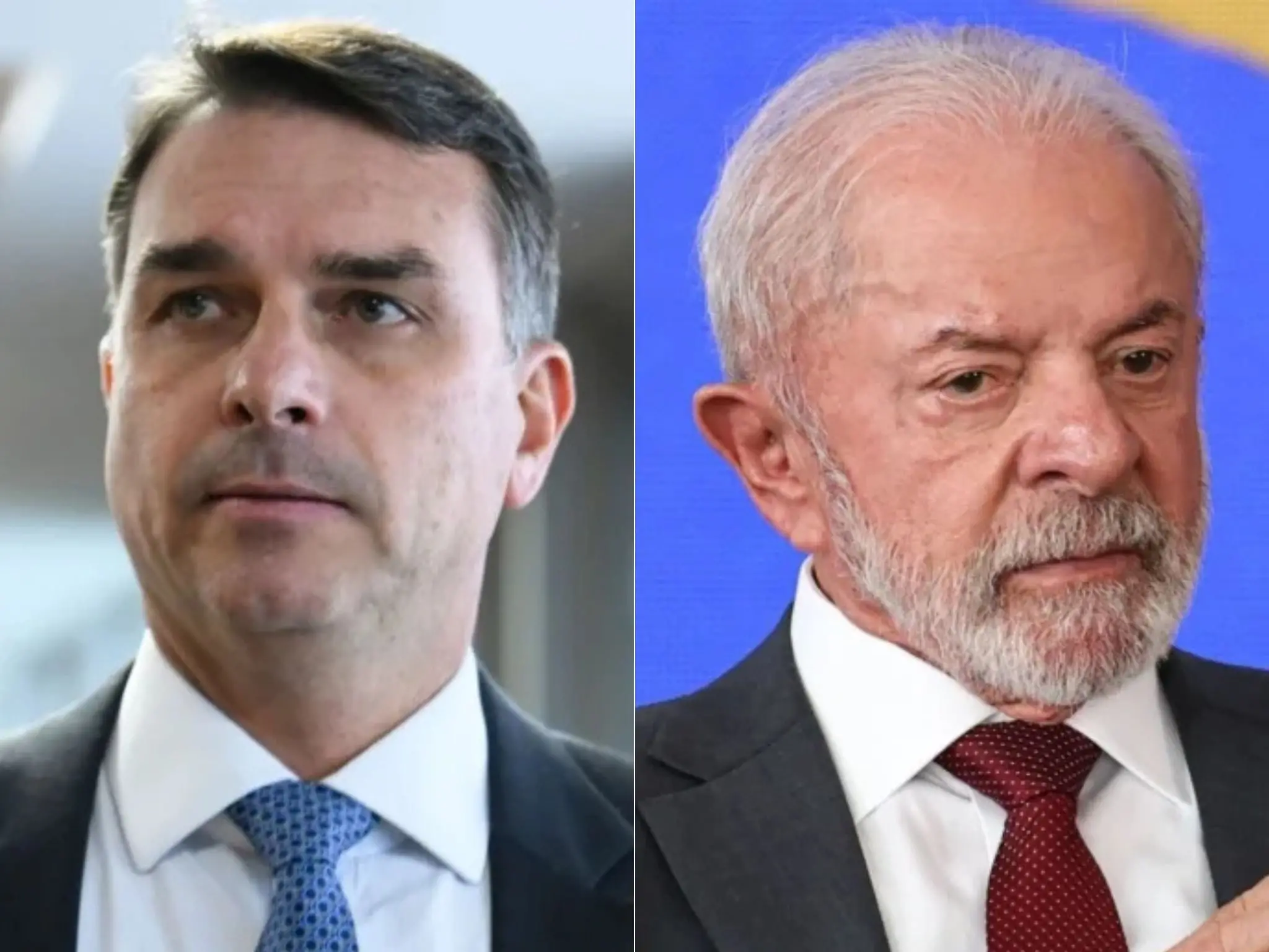 Fotos de Flávio Bolsonaro e Lula durante pronunciamentos.