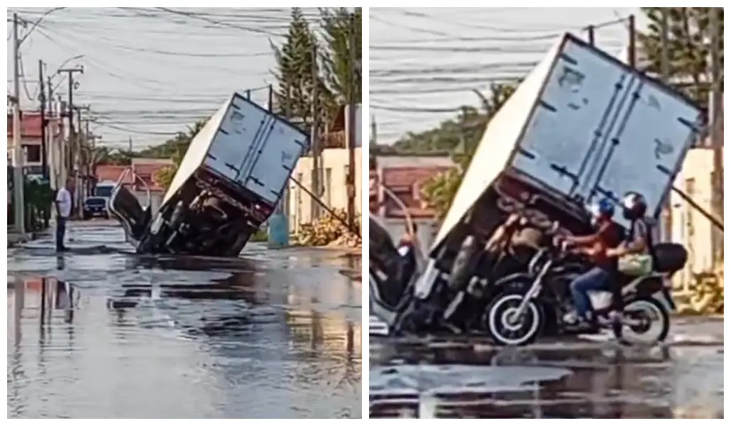 Imagem da notícia Asfalto cede e caminhão fica preso em buraco em Itaitinga