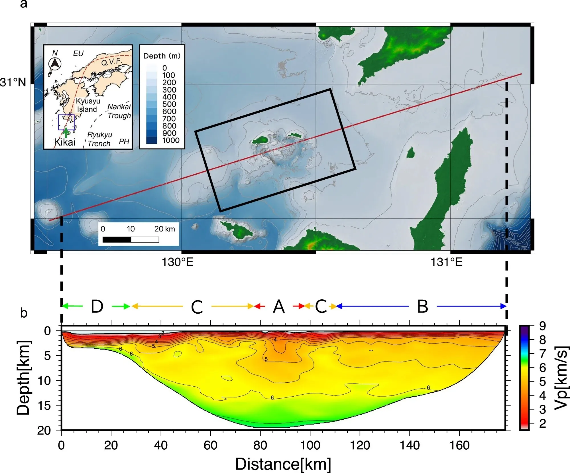 (A) Mapa batimétrico da área estudada, com a linha vermelha indicando o trajeto da pesquisa sísmica e o quadrilátero destacando a Caldeira Kikai. (B) Modelo da velocidade das ondas sísmicas no subsolo, que mostra quatro regiões com características distintas e ajuda os pesquisadores a investigar a estrutura subterrânea do vulcão.