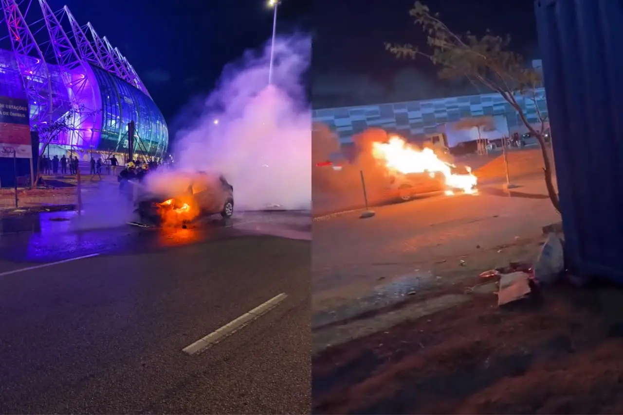 Imagem da notícia Carro pega fogo em frente à Arena Castelão, em Fortaleza