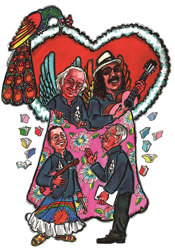 Desenho do ilustrador Jô Oliveira para convite da posse de Paola Tôrres na ABLC: alegria e reverência