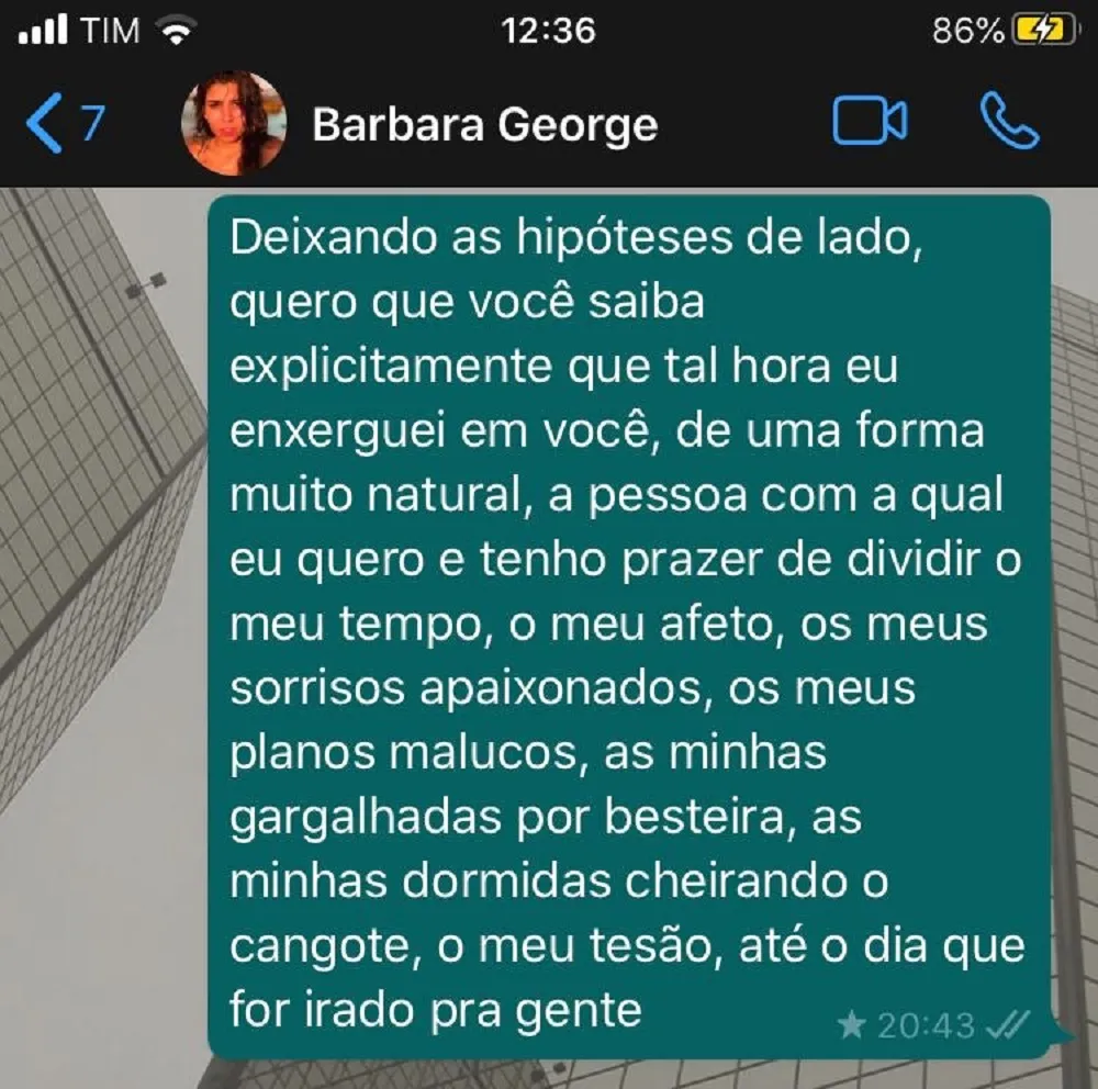 Parte da conversa mantida entre Bárbara George e Jefferson Farias durante o isolamento: em tempos de exceção, a aproximação amorosa se deu por meio da tecnologia