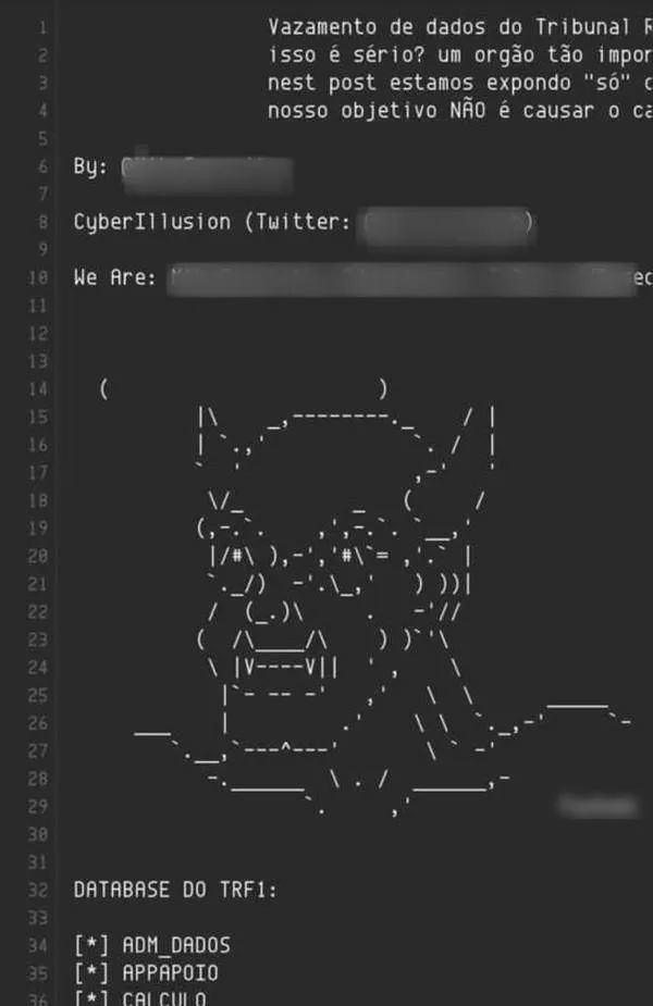 Imagem divulgada por hackers que dizem ter invadido o sistema do TRF-1