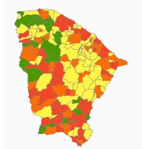Cidades em verde: risco 1, novo normal / Amarelo: risco 2, moderado / Laranja: risco 3, alto / Vermelho: risco 4, altíssimo