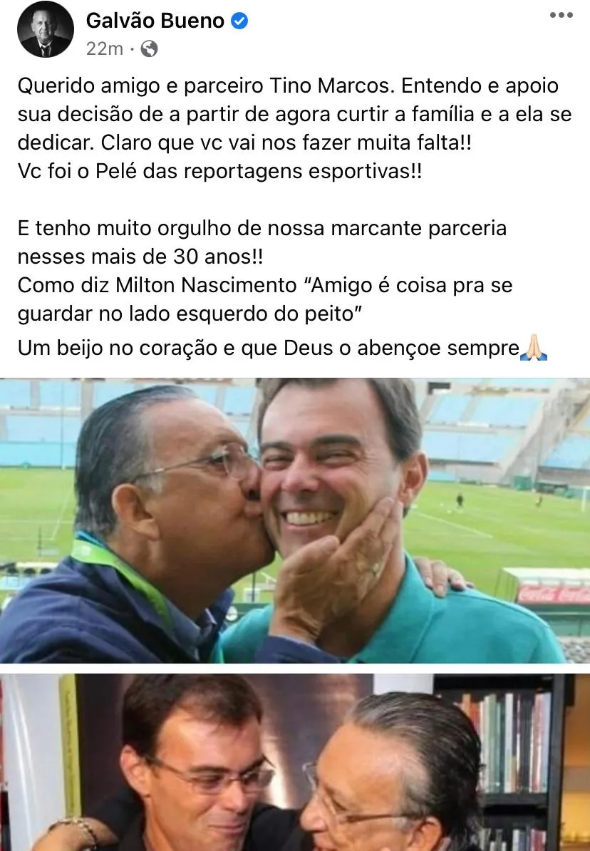 Galvão Bueno e Tino Marcos participaram juntos de diversas transmissões esportivas e compartilharam parceria por mais de 35 anos