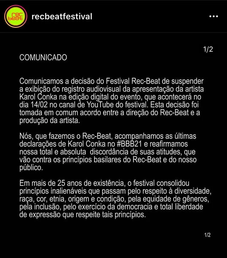O comunicado oficial do festival de música foi publicado nesta terça-feira (2) no Instagram