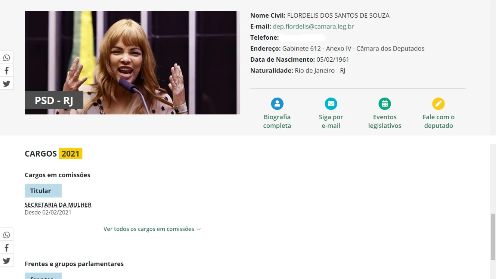 A informação sobre o novo cargo da política foi publicado nesta terça-feira (2) no site da Câmara dos Deputados