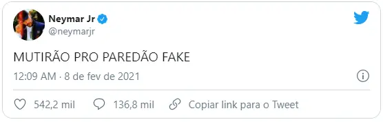 Neymar fala de mutirão para fazer com que o segundo paredão do bbb 21 seja falso