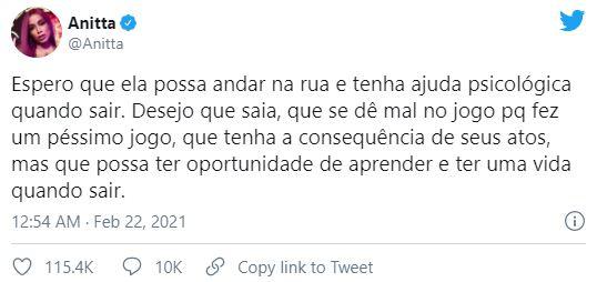 Tweet de Anitta sobre Karol Conká